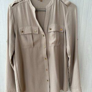 Calvin Klein Taupe Gold-Button Blouse – XS (sale ends 09/17)